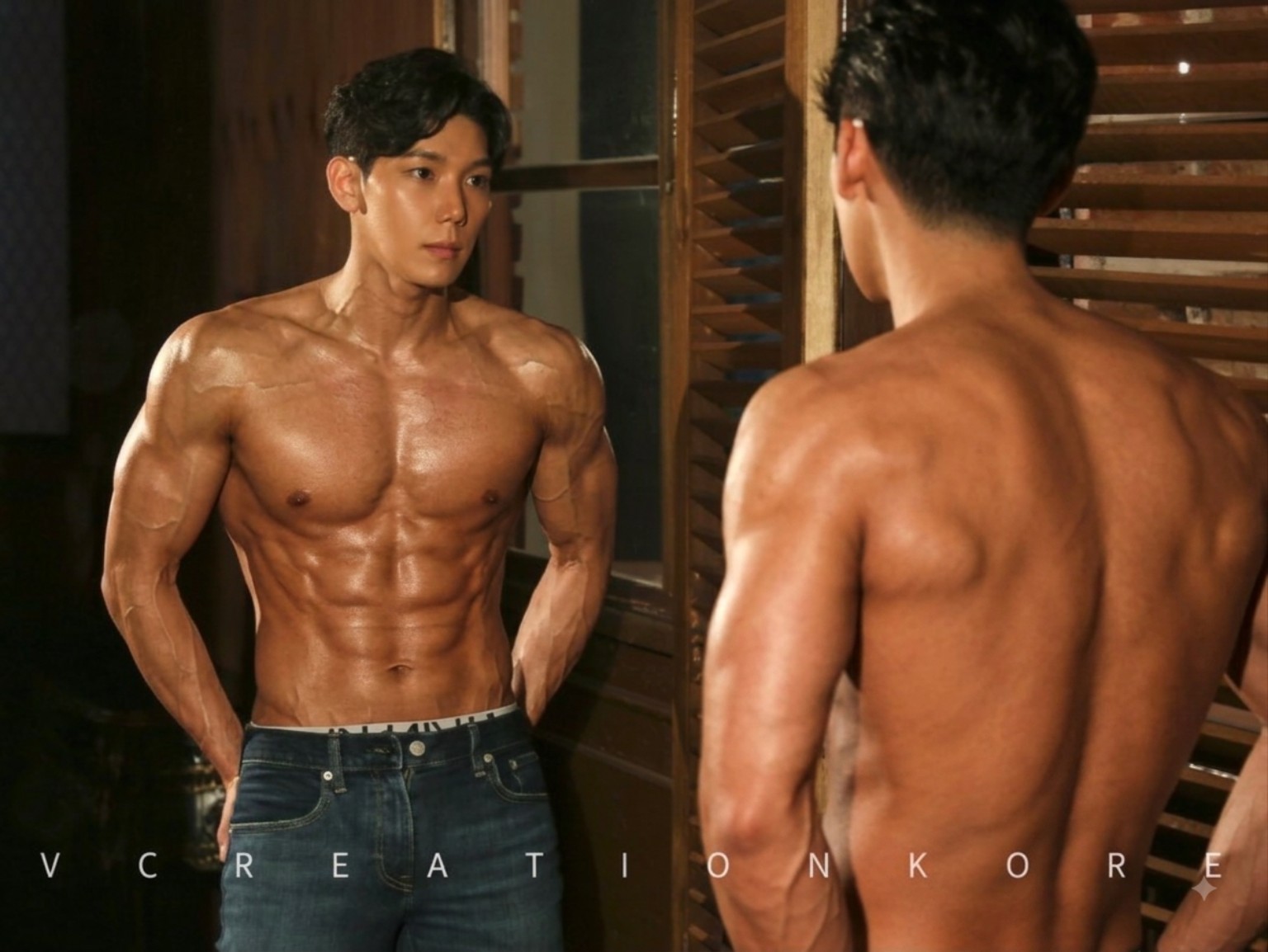 박대우 트레이너 거울 앞 컬러 프로필 촬영 사진