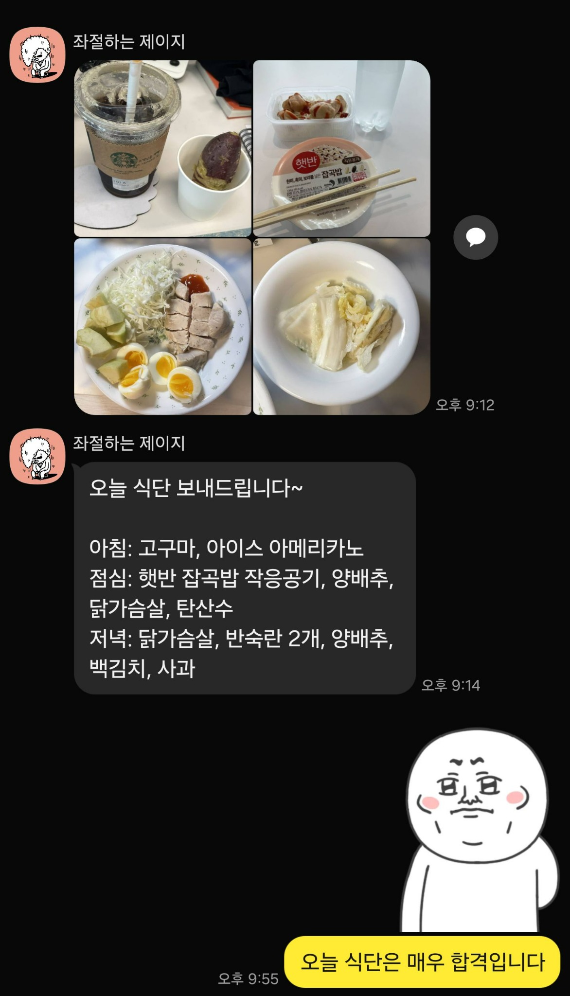 회원의 식단 기록을 트레이너가 확인한 카카오톡 실제 화면